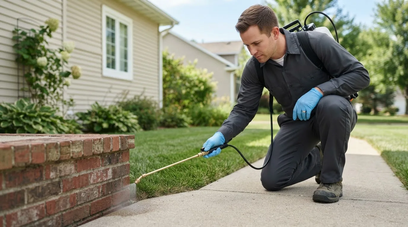 Pest control technician treating a home near Sault Sainte Marie, MI